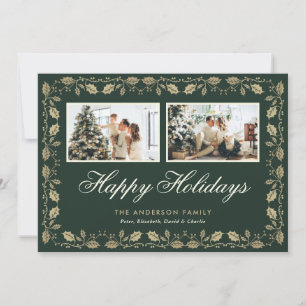 Elegant Green Gold Two Photo Happy Holidays Card