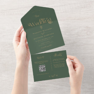 Elegant Green Gold Typography Wedding All In One Invitation