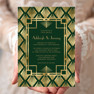 Elegant Green Gold Vintage Deco Pattern Wedding Invitation
