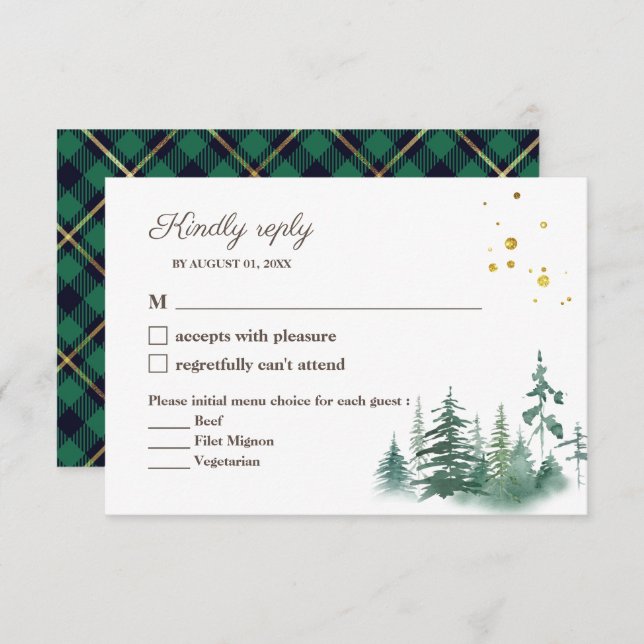 Elegant Green Gold Watercolor Tree Wedding RSVP (Front/Back)