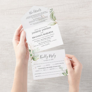 Elegant Green & Gold Wedding All In One Invitation