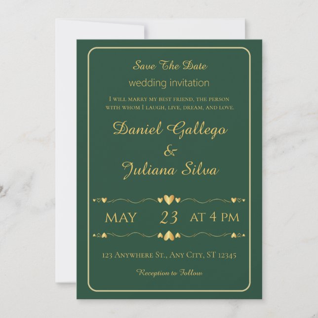 Elegant Green & Gold Wedding Invitation Template (Front)