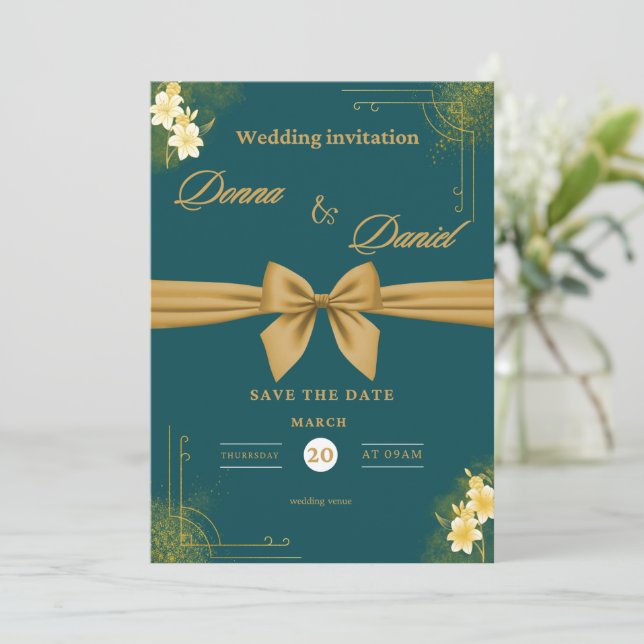 Elegant Green & Gold Wedding Invitation with Flora (Standing Front)