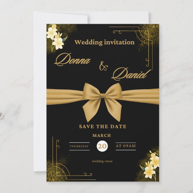 Elegant Green & Gold Wedding Invitation with Flora (Front)