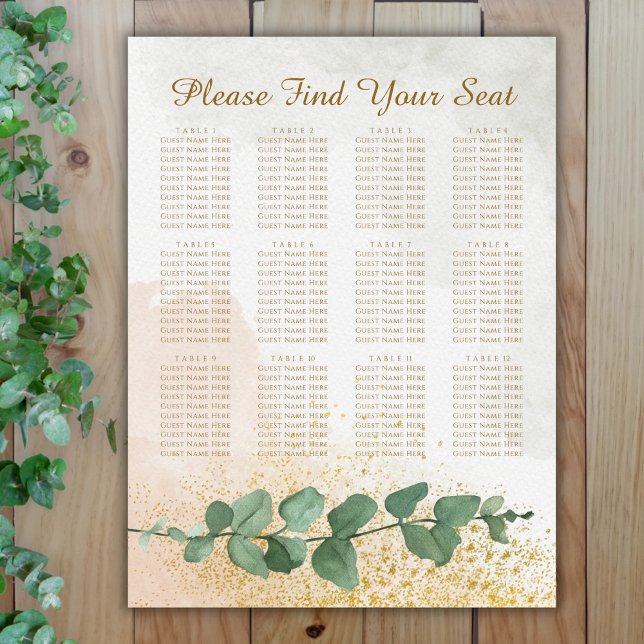 Elegant Green & Gold Wedding Seating Chart (Elegant Green & Gold Photo Wedding Seating Chart (12 Tables))