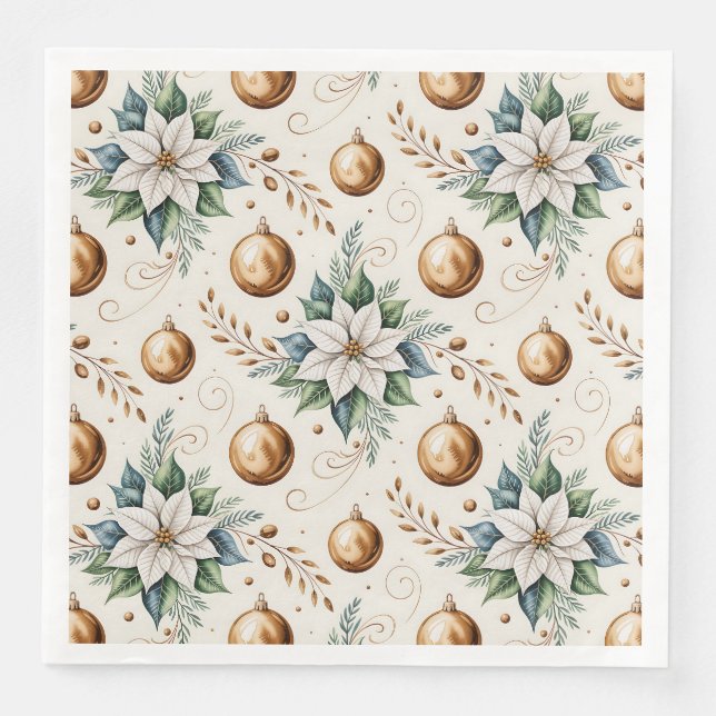 Elegant Green Gold White Christmas Floral Pattern  Napkin (Front)