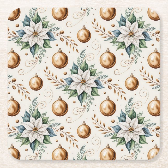 Elegant Green Gold White Christmas Poinsettia  Square Paper Coaster (Front)