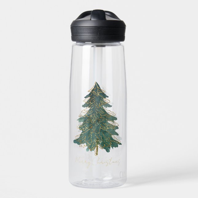Elegant Green Golden Christmas Tree Water Bottle (Front)
