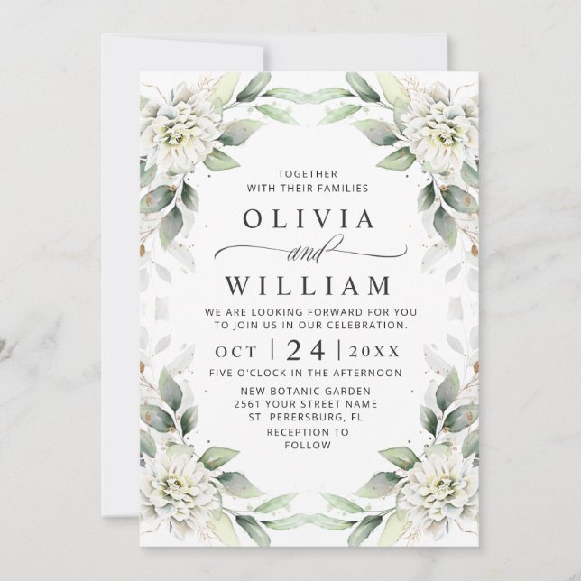 Elegant Green Golden Greenery Floral Wedding Invitation (Front)