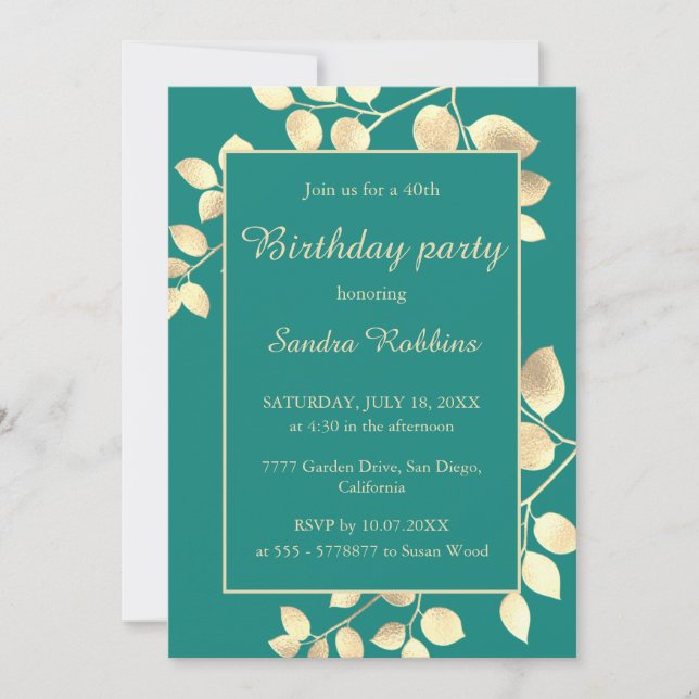 Elegant green golden leaves birthday invitation (Front)