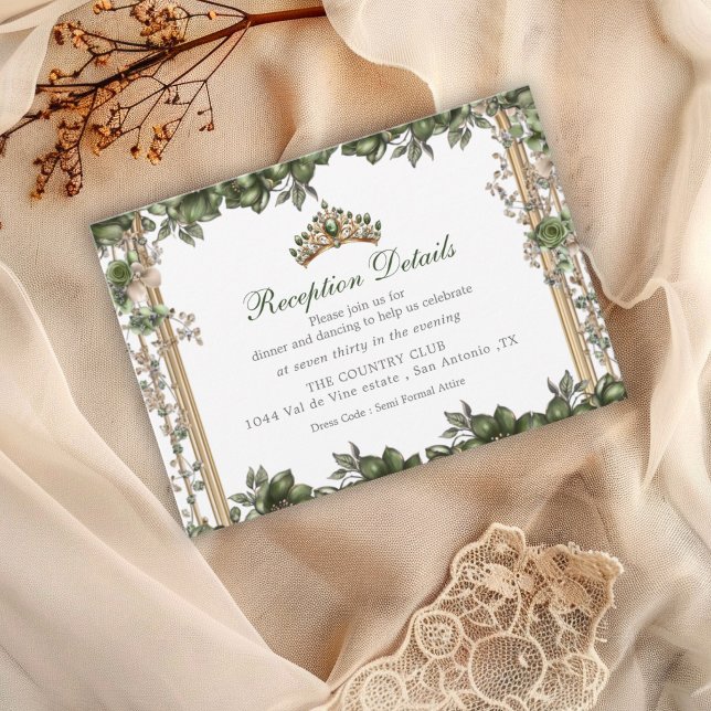Elegant Green Golden Tiara Floral Quinceañera Enclosure Card (Creator Uploaded)
