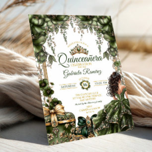 Elegant Green Golden Tiara Floral  Quinceañera Invitation