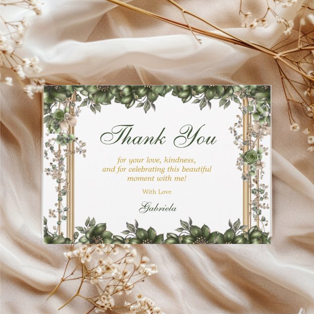 Elegant Green Golden Tiara Floral Quinceañera Thank You Card (Creator Uploaded)