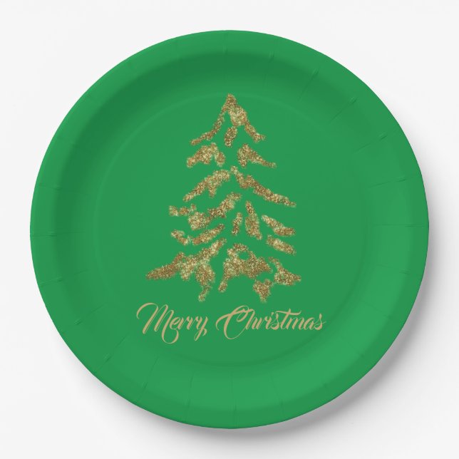 Elegant Green Golden Tree Merry Christmas   Paper Plate (Front)