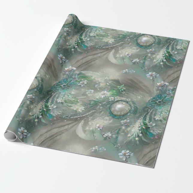 Elegant Green, Grey, and White Floral & Bejeweled Wrapping Paper (Unrolled)