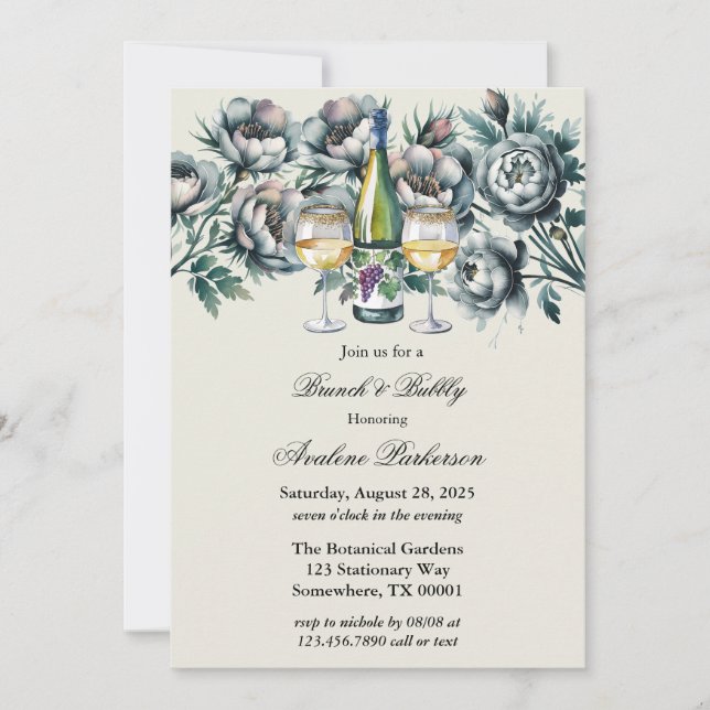 Elegant Green & Grey Bouquet Brunch and Bubbly Invitation (Front)