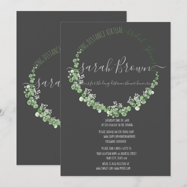 ELEGANT GREEN & GREY FOLIAGE VIRTUAL BRIDAL SHOWER INVITATION (Front/Back)