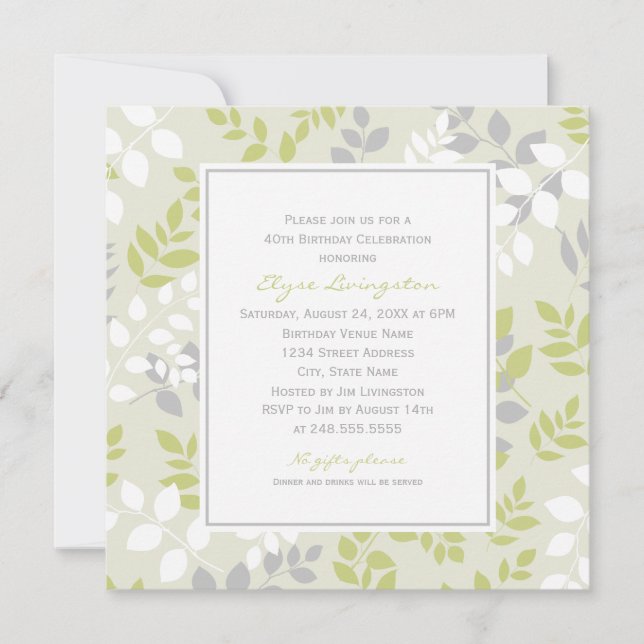 Elegant Green Grey Leaves Birthday Celebration Invitation (Front)