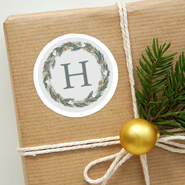 Elegant Green Grey Monogram Christmas Wreath Classic Round Sticker (Creator Uploaded)