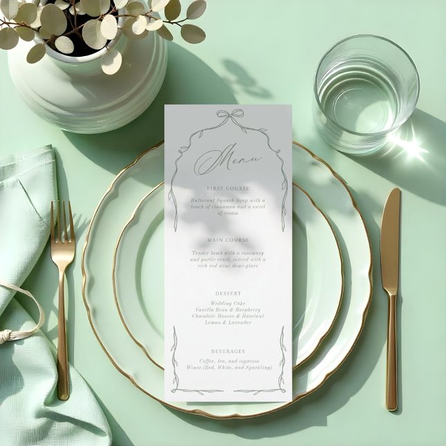 Elegant Green Hand Drawn Bow & Ribbon Wedding Menu (Elegant Green Hand Drawn Bow & Ribbon Wedding Menu)