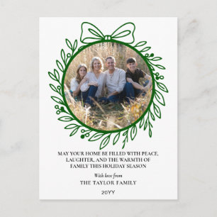 Elegant Green Hand Drawn Bow Wreath Christmas Holiday Postcard