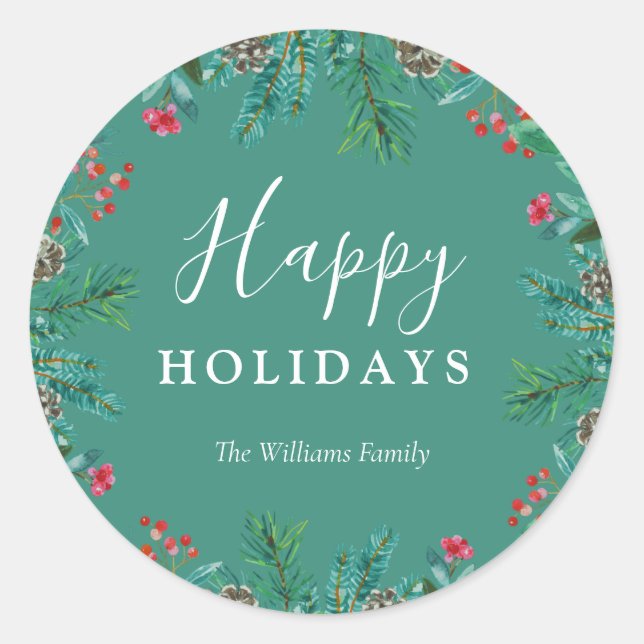 Elegant Green Happy Holidays Wreath Family Name Classic Round Sticker (Front)