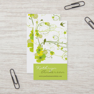 Elegant Green Hibiscus Floral Swirls Swallows Chic Business Card