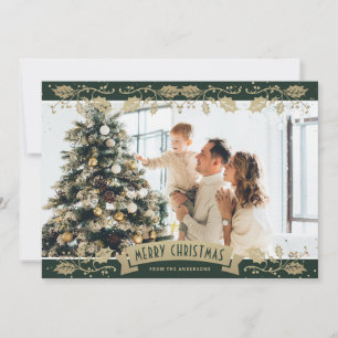 Elegant Green Holly Berries Photo Christmas Card