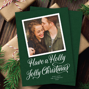 Elegant Green Holly Jolly Christmas Script Photo Holiday Card