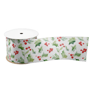 Elegant Green Holly Leaves Red Berries Satin Ribbon
