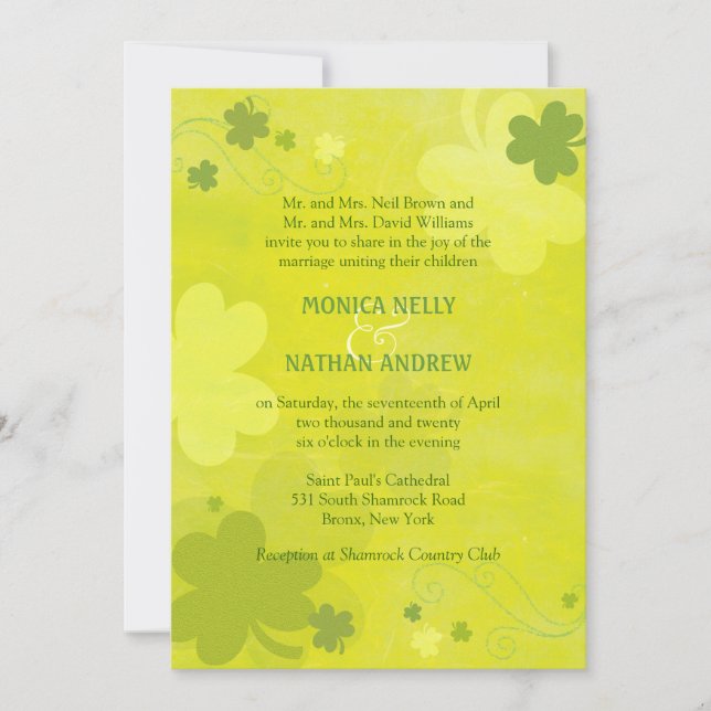 Elegant Green Irish Shamrocks Wedding Invitation (Front)