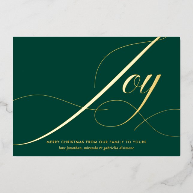 Elegant Green Joy Script Gold Foil Christmas Card (Front)