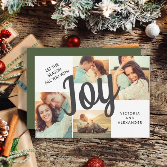 Elegant Green Joy Script Holiday 4 Photo (4-photo Joy Christmas greeting card personalized with your photos and text.)