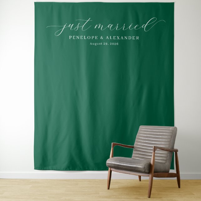 Elegant Green Just Married Calligraphy Tapestry (In Situ)