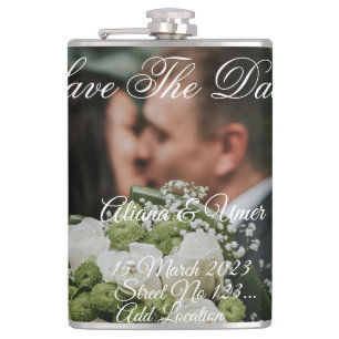 Elegant green kiss save the date hip flask