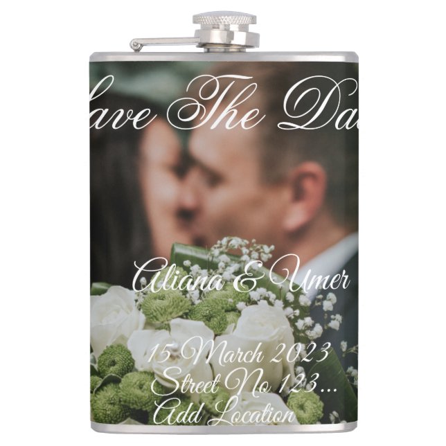 Elegant  green kiss save the date  hip flask (Front)