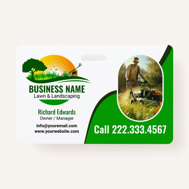Elegant Green Landscaping Gardening Services ID Badge (Front)