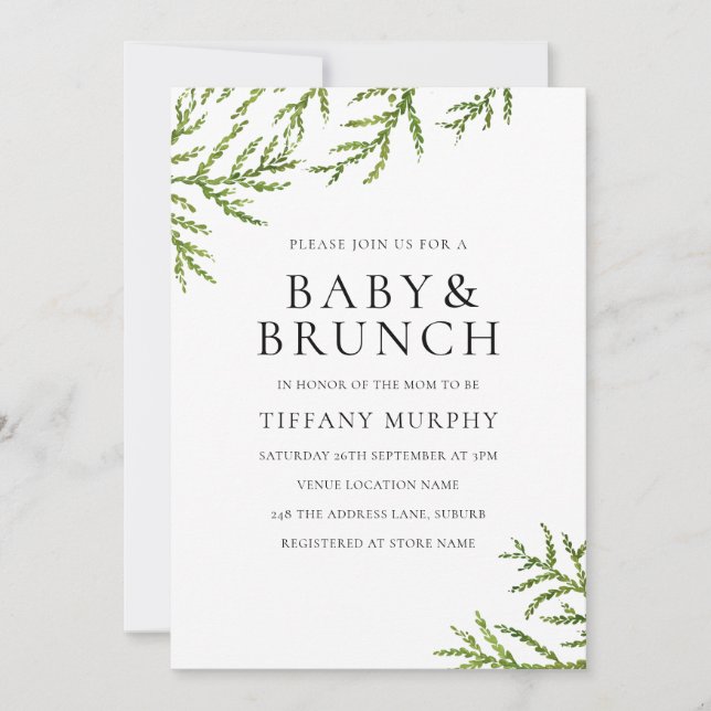 Elegant Green Leaf Baby & Brunch Baby Shower Invitation (Front)