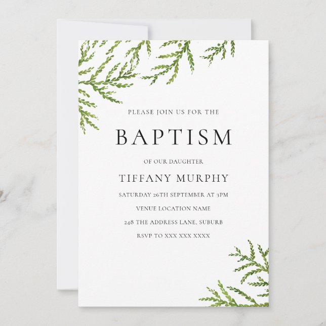 Elegant Green Leaf Boy or Girl Baptism Invitation (Front)