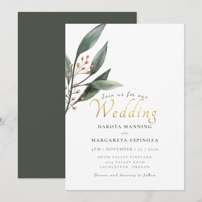 Elegant green leaf gold script wedding invitation (Front/Back)