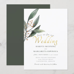 Elegant green leaf gold script wedding invitation