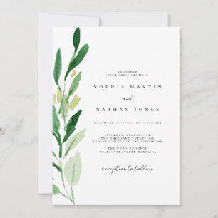 Elegant Green Leaf Watercolor Wedding Invitation