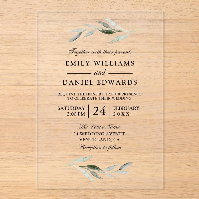 Elegant Green Leaf Wedding Acrylic Invitations (Front)