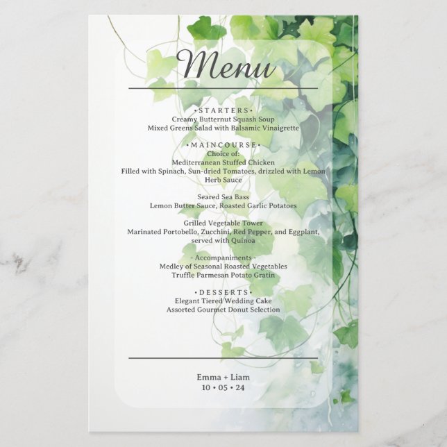 Elegant Green Leaf Wedding Menu (Front)