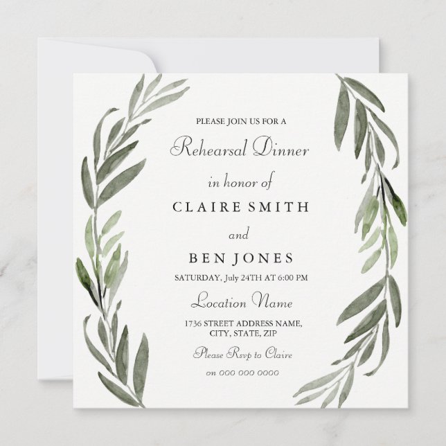 Elegant Green Leaf Wedding Rehearsal Dinner Invite (Front)