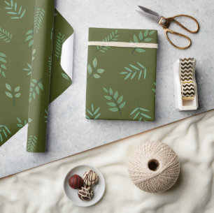 Elegant Green Leaf Wrapping Paper on Army Green