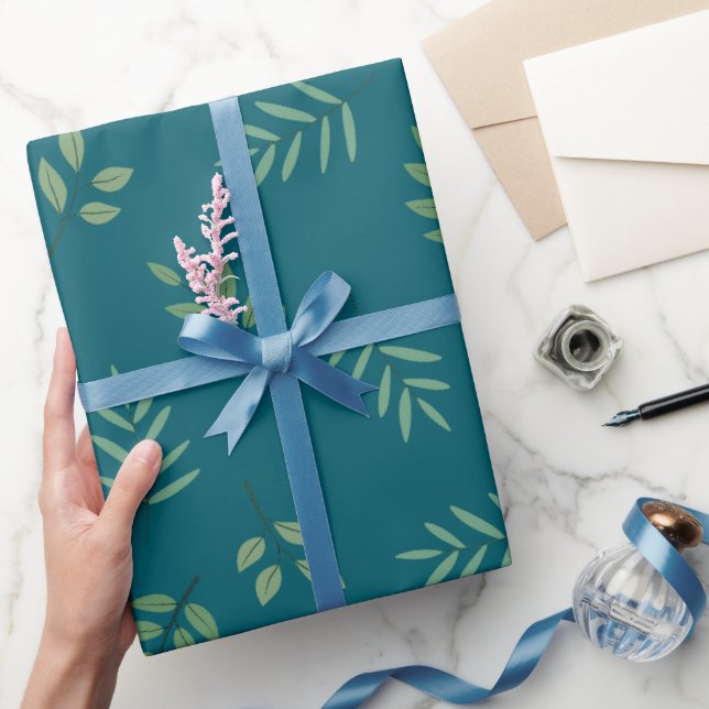 Elegant Green Leaf Wrapping Paper on Dark Teal (Gifting)