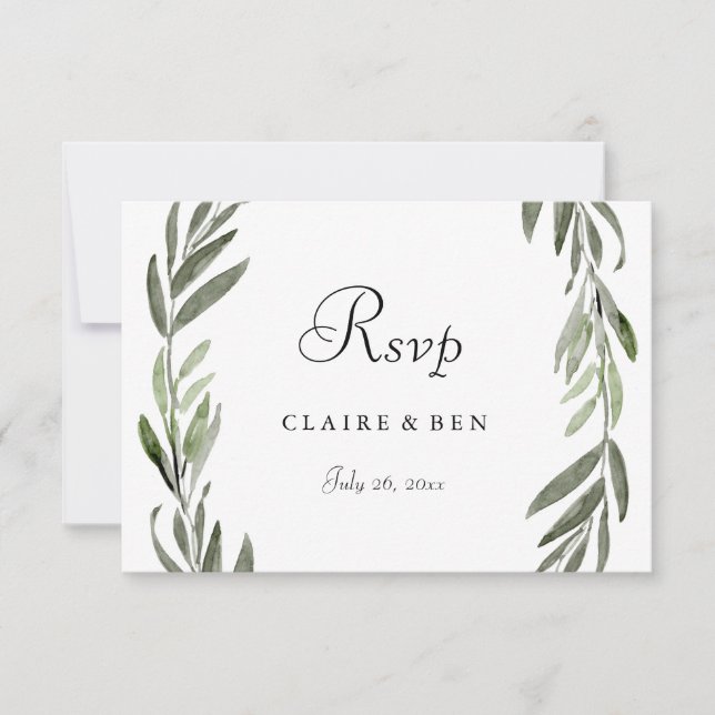 Elegant Green Leaf Wreath Wedding RSVP (Front)