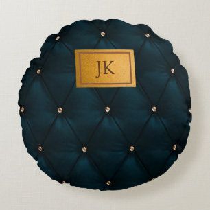 Elegant Green Leather,Diamonds,Monogram  Round Cushion