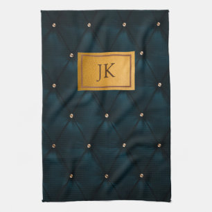Elegant Green Leather,Diamonds,Monogram Tea Towel